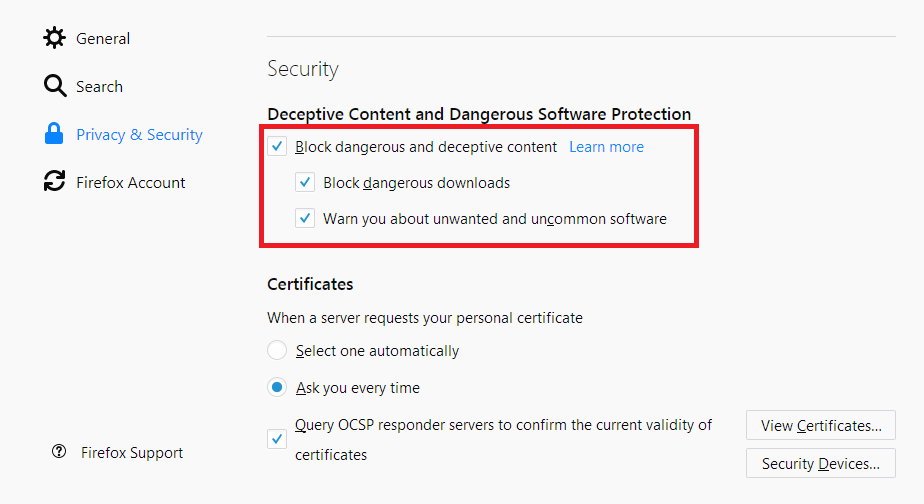 Firefox security settings